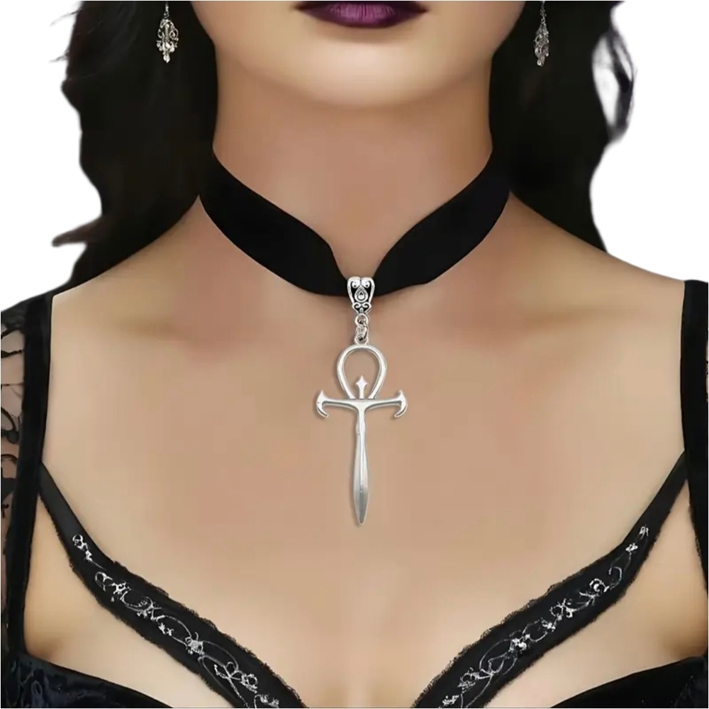 Silver Ankh Pendant Choker Necklace